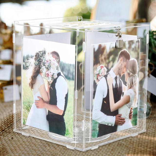 Caixa de Acrílico para Casamento com Porta-retrato e Envelope Rotativo para Dinheiro, Ideal para Graduação e Decoração de Aniversário