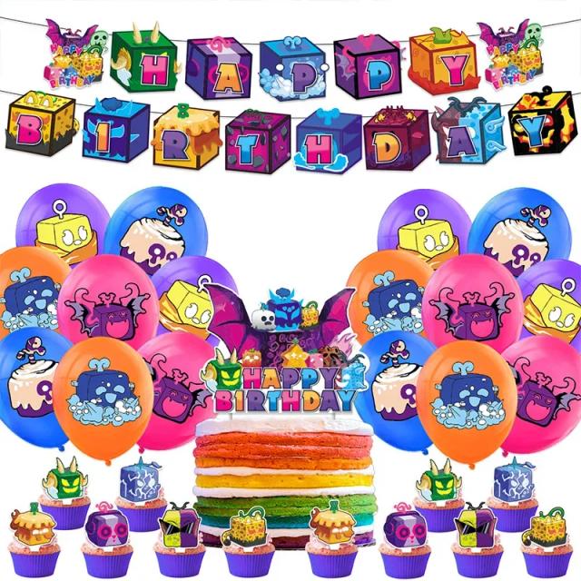 Festa Blox Fruits: Decoração de Balões, Bolo e Banner de Aniversário para Crianças