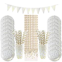 Conjunto De Louça De Aniversário Descartável, Pratos De Papel, Copos, Guardanapos, Toalha De Mesa, Decoração De Festa De Aniversário, Baby Shower, Branco e Dourado - Image 2