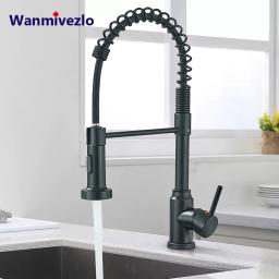 Primavera preta puxar para baixo torneiras de cozinha fluxo cabeça spray água quente e fria rotação aço inoxidável misturador cozinha guindaste - Image 1