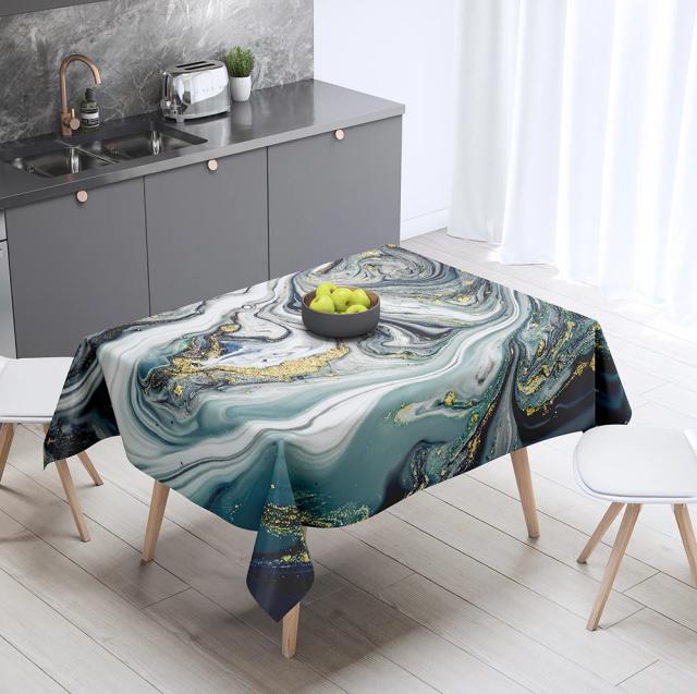 Toalha de mesa retangular com impressão de mármore, ideal para decoração e festas, à prova de manchas