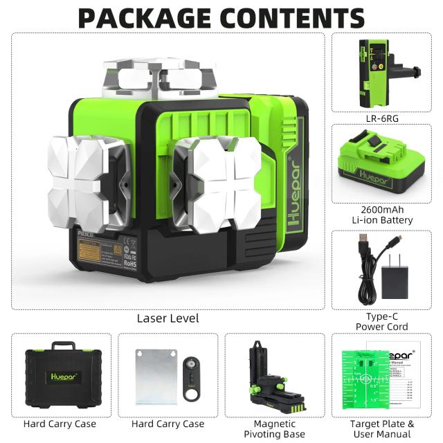 Kits Laser Huepar com Controle Remoto, Auto Nivelamento e Bluetooth - Nível Laser 3D com Bateria de Lítio e Estojo Rígido