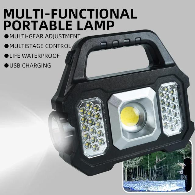 Lanterna Recarregável LED Multifuncional de Alta Potência com Carregamento Solar e 6 Modos de Iluminação para Acampamento e Trabalho
