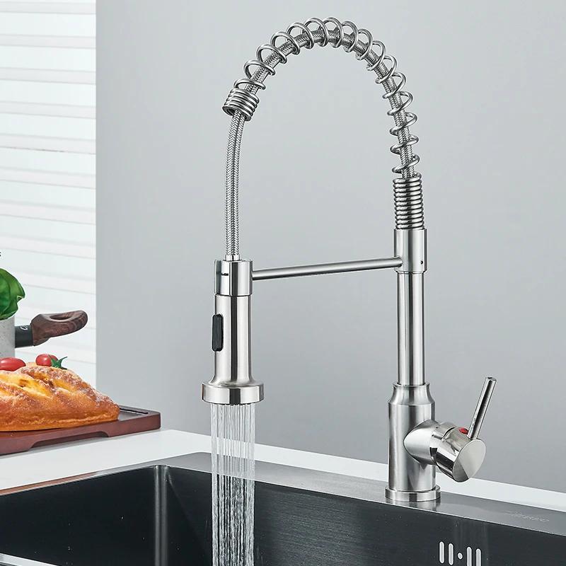 Primavera preta puxar para baixo torneiras de cozinha fluxo cabeça spray água quente e fria rotação aço inoxidável misturador cozinha guindaste - Image 1
