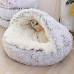Soft Plush Pet Bed com tampa redonda Cat Bed Pet Colchão Quente Cat Dog 2 em 1 Sleeping Nest Cave para cães pequenos - Image 1