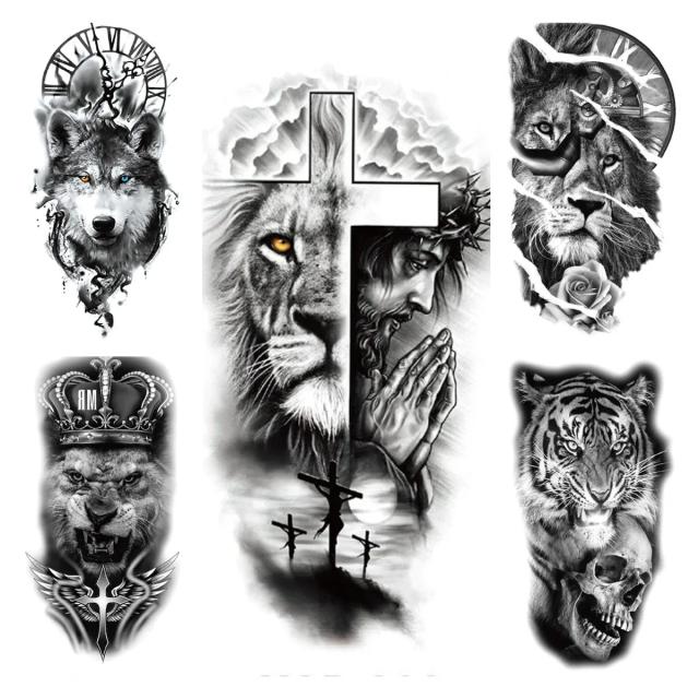 Conjunto de Adesivos de Tatuagens com Padrões de Animais em Transferência Aquosa - Decalques Corporais de Cabeça de Leão e Tigre para Braços Grande e Impactante