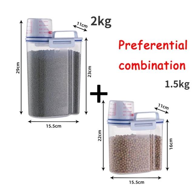 Tanque de Armazenamento de Plástico com Copo de Medição para Alimentos de Cães e Gatos - Recipiente Selado e à Prova de Umidade