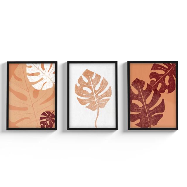 Conjunto de 3 Quadros Decorativos com Moldura de Vidro e Design Abstrato de Folhagem