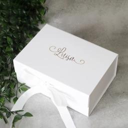 Caixa de presente personalizada com fita, nome personalizado e papel Keepsake Box, luxo, festa nupcial, dama de honra, proposta, branco, preto, rosa - Image 1