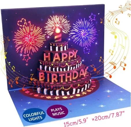 Cartão de Aniversário 3D Pop-Up com Luzes e Música - Design de Fogos de Artifício e Bolo para Celebrar com Esposa, Mãe e Crianças