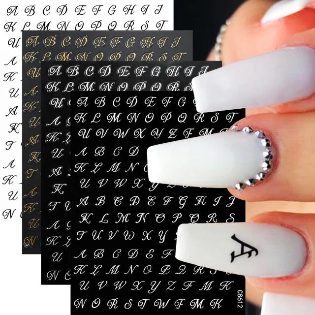 Adesivos 3D de Unhas com Design de Letras Romanas - Acessórios de Manicure em Ouro, Prata, Preto e Branco - Pacote com 4 Folhas DIY
