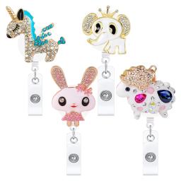 Porta-cartão retrátil strass para menino e menina, titular do cartão de peito, carretel de crachá, vidro bonito, pônei, elefante, ovelha, coelho, enfermeira - Image 1