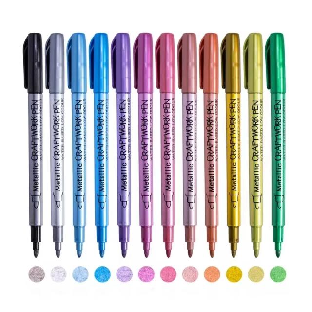 Marcadores Metálicos Permanentes para Artesanato e Scrapbooking - 12 Cores Vibrantes para Criatividade Ilimitada
