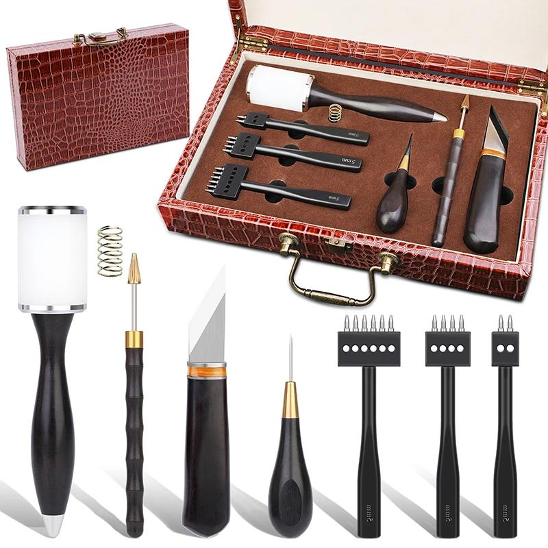 1 conjunto profissional de ferramentas artesanais de couro, costura manual, perfurador, escultura, martelo de trabalho, acessórios de ferramentas diy com caixa - Image 1