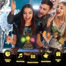 Cartões de aniversário com luzes e som, 3D, pop-up, fogos de artifício, cartões para mulheres e crianças - Image 3