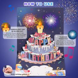 Novo 3d pop up cartão de aniversário soprado com luzes música feliz aniversário cartão de fogos de artifício bolo cartão presente para esposa mãe crianças - Image 4