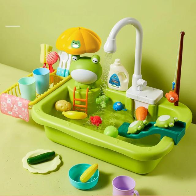 Brinquedo Pia de Cozinha Infantil com Lava-Louças Elétrica e Água Corrente