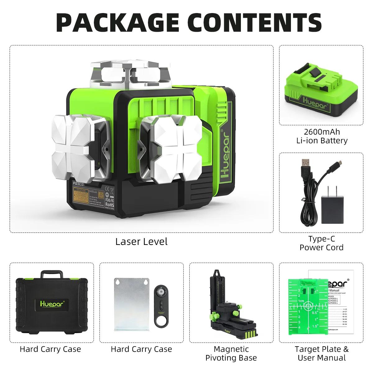 Huepar-Kits Laser Controle Remoto, Linha Cruzada, Auto Nivelamento, Bluetooth, Nível Laser, Bateria de Lítio-ion, Carry Case rígido, 3D - Image 1