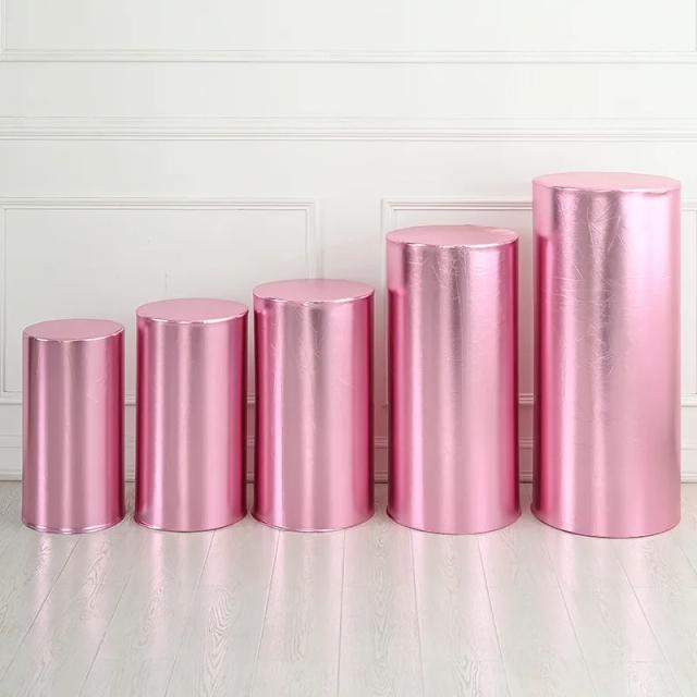 Capa de Pedestal de Ouro Metálico Prata em Tecido Elástico para Decoração de Festas com Cores Sólidas e Tampas de Mesa Cilíndricas