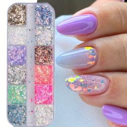 Conjunto de lantejoulas com glitter para arte em unhas, 12 cores, tamanhos mistos, flocos iridescentes para unhas acrílicas, pó de glitter gradiente, decorações de unhas * - Image 1