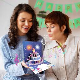 Novo 3d pop up cartão de aniversário soprado com luzes música feliz aniversário cartão de fogos de artifício bolo cartão presente para esposa mãe crianças - Image 2