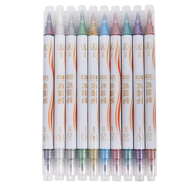 Conjunto de Canetas Caligráficas Metálicas com Ponta Dupla para Arte e Scrapbooking - 10 Cores Vibrantes