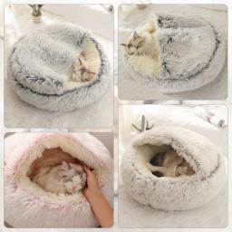 Almofada de pelúcia redonda para animais de estimação, cesta quente, saco de dormir, ninho de gato, canil, casinha, inverno, 2 em 1 - Image 2