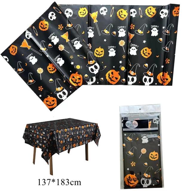 Toalha de Mesa Temática de Halloween com Abóbora, Teia de Aranha, Morcego e Fantasma - Decoração Perfeita para Festas e Eventos em Casa