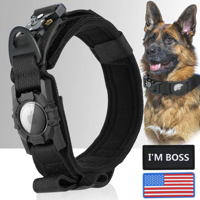 Coleira Tática para Cães Médios e Grandes com AirTag e Fivela de Metal - Segurança e Estilo em Cada Passeio