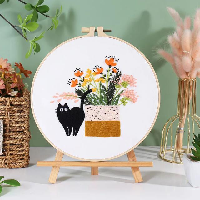 Kit de Bordado para Iniciantes com Padrão de Gato - Ponto Cruz, Arco de Bordado e Materiais de Artesanato Inclusos