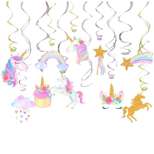 Decorações encantadoras de Unicórnio com redemoinho para festas de aniversário de meninas