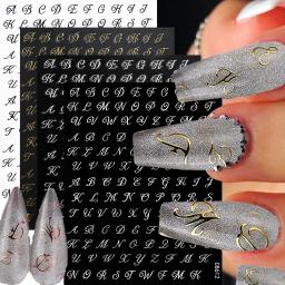 3d adesivos de unhas com design carta romana, manicure acessórios, ouro, prata, preto, branco, alfabeto, diy, diy, 4 folhas/set, nk x 4 - Image 6