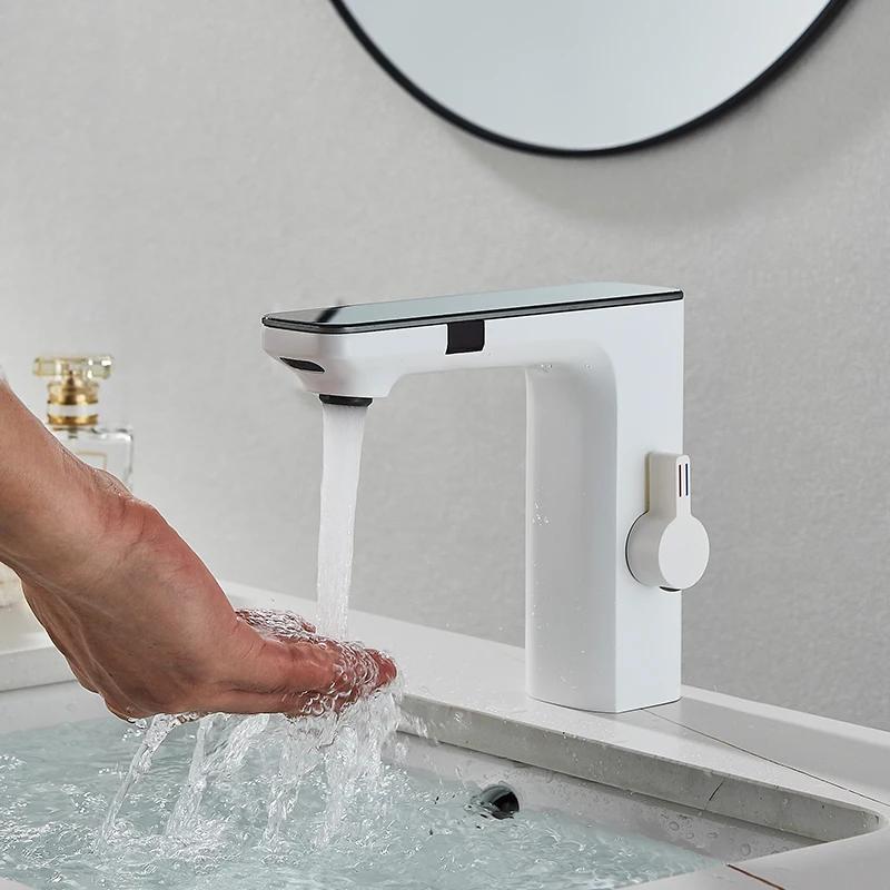 Torneira da bacia do sensor inteligente com tela digital, Torneira misturadora de água quente e fria, Vanity Touchless Faucet para banheiro, Torneira de torneira - Image 1