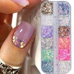 Conjunto de lantejoulas com glitter para arte em unhas, 12 cores, tamanhos mistos, flocos iridescentes para unhas acrílicas, pó de glitter gradiente, decorações de unhas * - Image 2