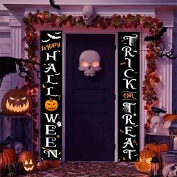 Halloween porta banner com crânio e abóbora design, bandeira da porta, casa feliz, festa, casa, truque, morcego, 2024 - Image 2