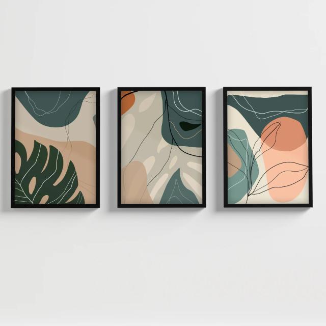 Kit de Quadros Decorativos Abstratos com Moldura de Vidro e Tema de Folhagem para Sala