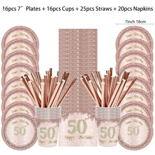 Conjunto Completo de Louça Descartável para Aniversário: Pratos, Copos, Guardanapos, Toalha de Mesa e Decoração para Festas de 18 a 60 Anos