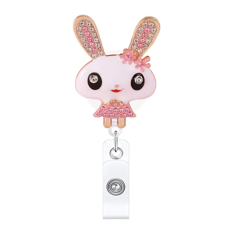 Porta-cartão retrátil strass para menino e menina, titular do cartão de peito, carretel de crachá, vidro bonito, pônei, elefante, ovelha, coelho, enfermeira - Image 1