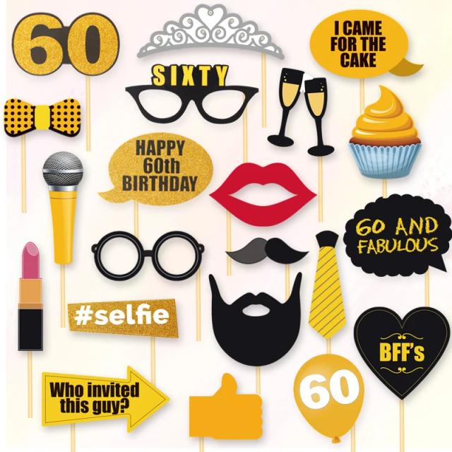 Adereços Fotográficos em Preto e Ouro para Festas de Aniversário: Conjunto com 21 Peças para Celebrar 40, 50 e 60 Anos para Todos os Gêneros