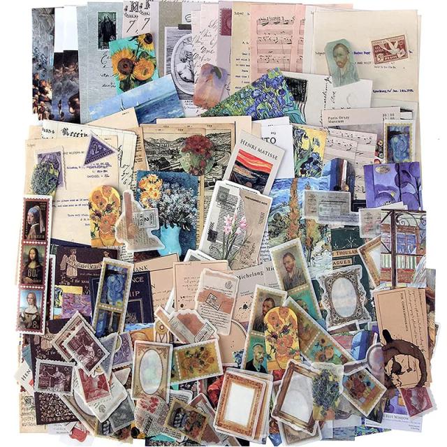 Conjunto de 200 Adesivos Artísticos Aestéticos em Papel Vintage para Journaling, Scrapbooking e Bricolagem