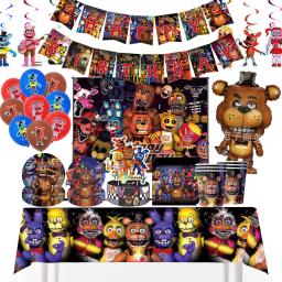 Fnafs Birthday Party Decoração, Pano de fundo, Banner de aniversário, Talheres temáticos, Anime Balão, Bolo Topper, Foto Prop - Image 1
