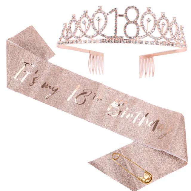 Coroa de Cristal em Faixa de Cetim para Meninas - Tiara Festiva para Aniversários de 18 a 50 Anos em Ouro Rosa