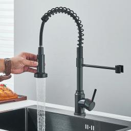 Primavera preta puxar para baixo torneiras de cozinha fluxo cabeça spray água quente e fria rotação aço inoxidável misturador cozinha guindaste - Image 2