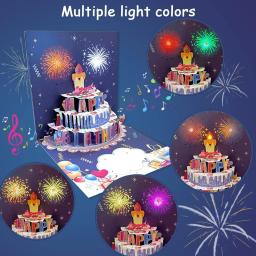 Novo 3d pop up cartão de aniversário soprado com luzes música feliz aniversário cartão de fogos de artifício bolo cartão presente para esposa mãe crianças - Image 3