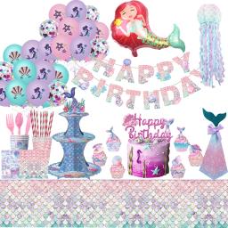 Mermaid Birthday Decorações Louça Set, balões, toalha de mesa, Backdrop Banner, Fontes de festa de aniversário infantil, Baby Shower - Image 1