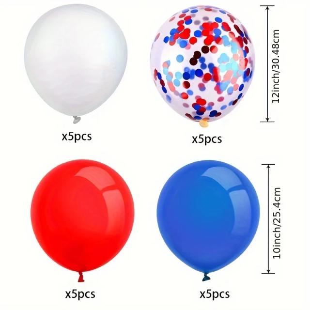 Balões e Confetes de Látex Azul, Vermelho e Branco para Festa de Aniversário - Pacote com 20 Peças