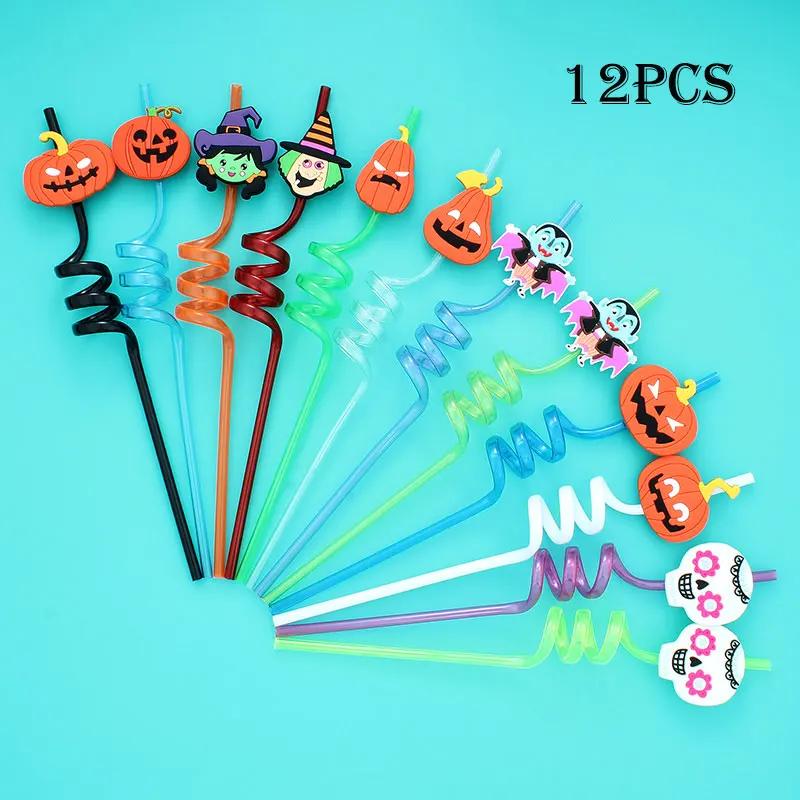 Canudo plástico descartável para o tema halloween, canudos estilo cartoon, morcegos abóbora, forma do crânio, fontes do partido do aniversário das crianças, 12pcs - Image 1